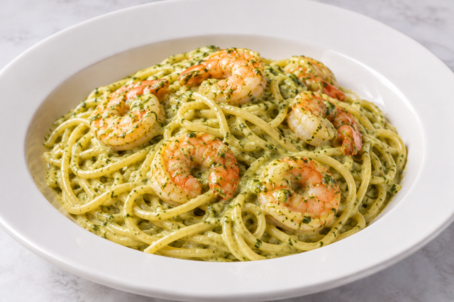 Spaghetti pesto & shrimp.