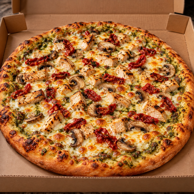 Grilled chicken pesto pizza.