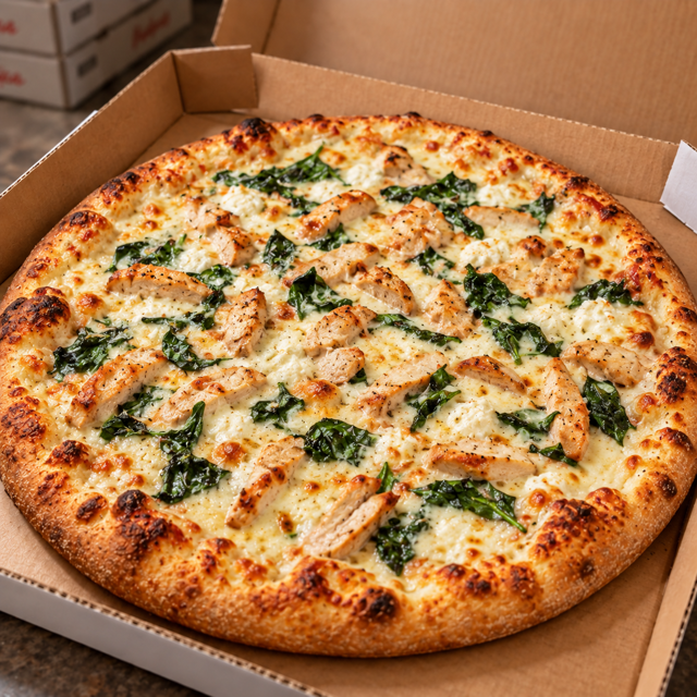 Chicken florentine pizza.