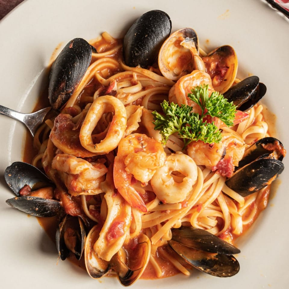 Pronto's Italian Restaurant's linguine pasta with mussels, clams, shrimp, and calamari in red sauce.